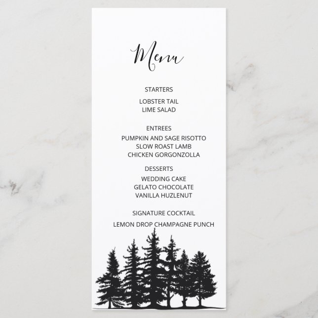 Menú Bodas de invierno con pinos negros y blancos (Anverso)