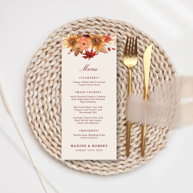 Menú Bodas de Otoño Hojas Elegantes de Otoño (Elegant fall leaves autumn wedding menu with warm seasonal charm.)