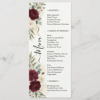Menú Bodas de Rosas Borgoña Script de Cena de Boda Eleg