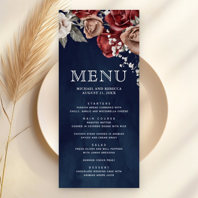 Menú Bodas de Rosas Rojas Borgoña Floral Azul Marino (Subido por el creador)