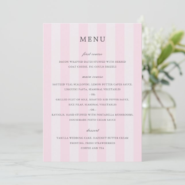 Menú Bodas elegantes de rayas rosadas modernas (Anverso de pie)