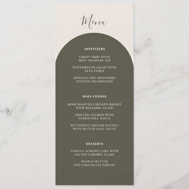Menú Bóho Arcos Verde Salvia Cena de Boda Retro (Anverso)