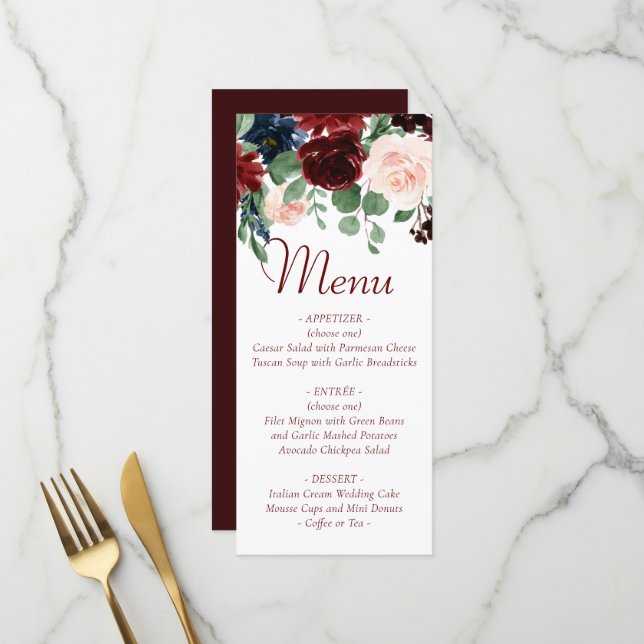 Menú Boho Bloom | Elegante Garland Borgoña Rojo Floral (Anverso/Reverso In Situ)