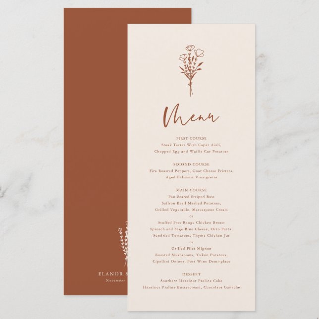 Menú Boho Boda Botanicals Minimalista Terracotta (Anverso / Reverso)