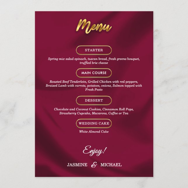 Menú Boho Borgoña y Boda de guión elegante de oro (Anverso)