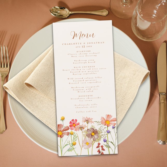 Menú Boho cae Boda floral rústico (Boho floral rustic fall wedding menu burnt orange script watercolor wildflowers beige cream ivory)