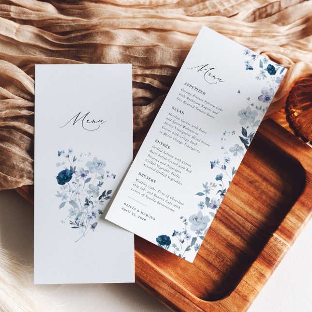 Menú Boho Dusty Blue Wildflower Elegante Wedding (Back/Front)
