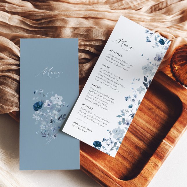 Menú Boho Dusty Blue Wildflower Elegante Wedding (Back/Front)
