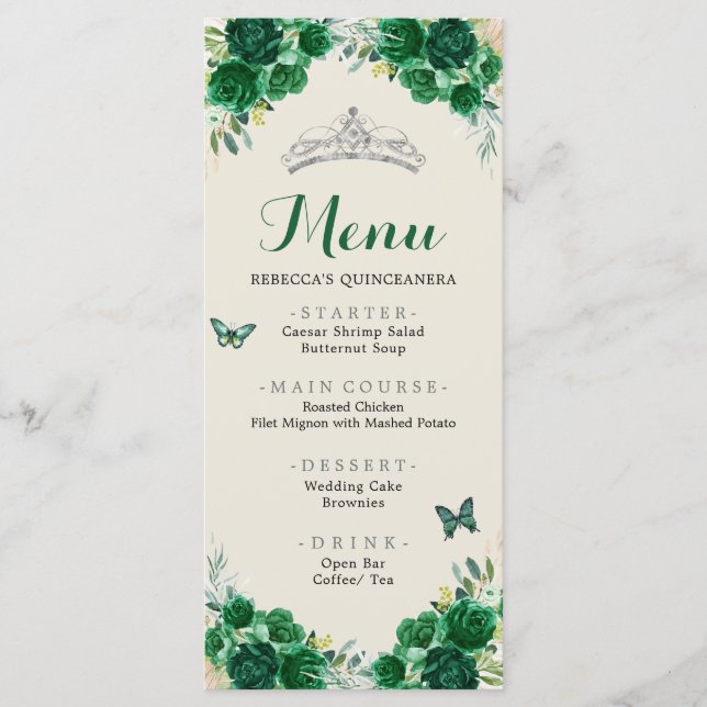 Menú Boho Emerald Green Floral Quinceañera (Anverso)