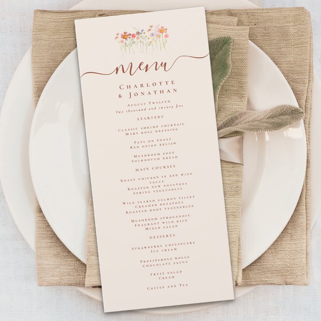 Menú Boho Fall Wildflower Wedding (Elegant boho fall Wildflower floral beige tan Wedding menu card terracotta rust script)