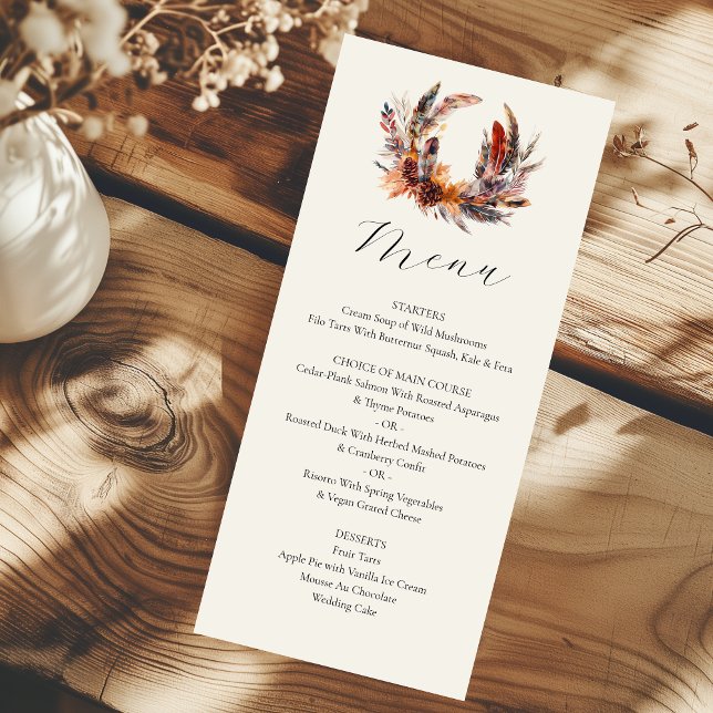 Menú Boho Feathers Wreath Calligraphy Fall Wedding (Subido por el creador)