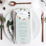 Menú Boho florece Boda floral moderno<br><div class="desc">Los menús bodas florales de moda Boho incluyen un elemento geométrico en la parte superior con sus iniciales y fecha boda, enmarcada por un borde acuarela de follaje botánico verde salado y flores de tonos tierra pastel en tonos de melocotón, marfil y blanco inspirados en el desierto. Personalice los elementos...</div>