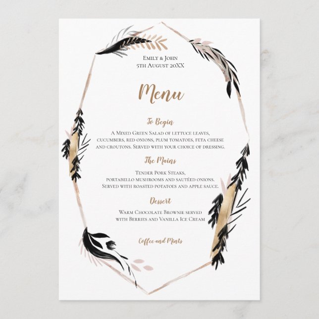 Menú Boho Gold y Black Feather deja al Boda del marco (Anverso)