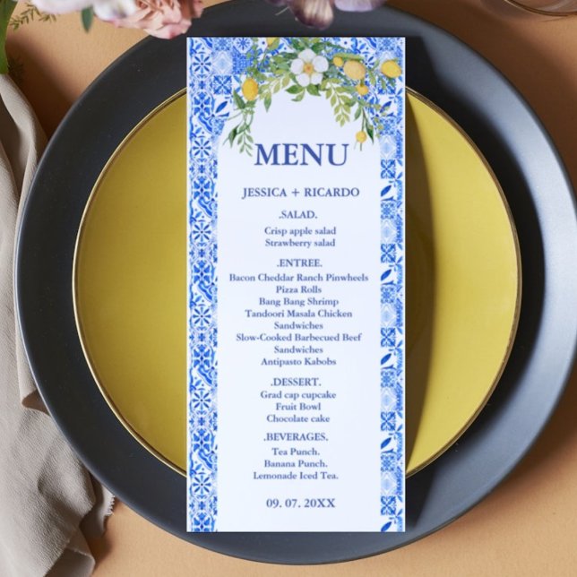 Menú Boho Lemon Blue mosaico mediterráneo Boda italiano (Subido por el creador)