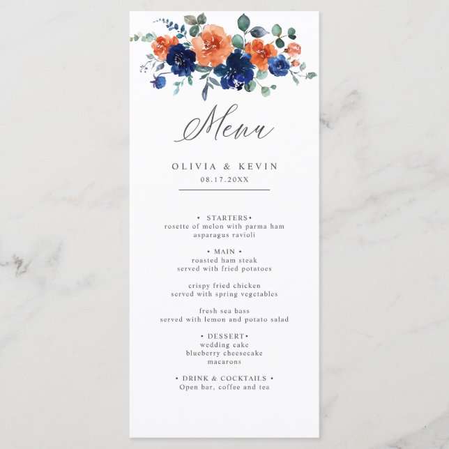 Menú Boho Naranja floral quemado por la marina Boda de  (Anverso)