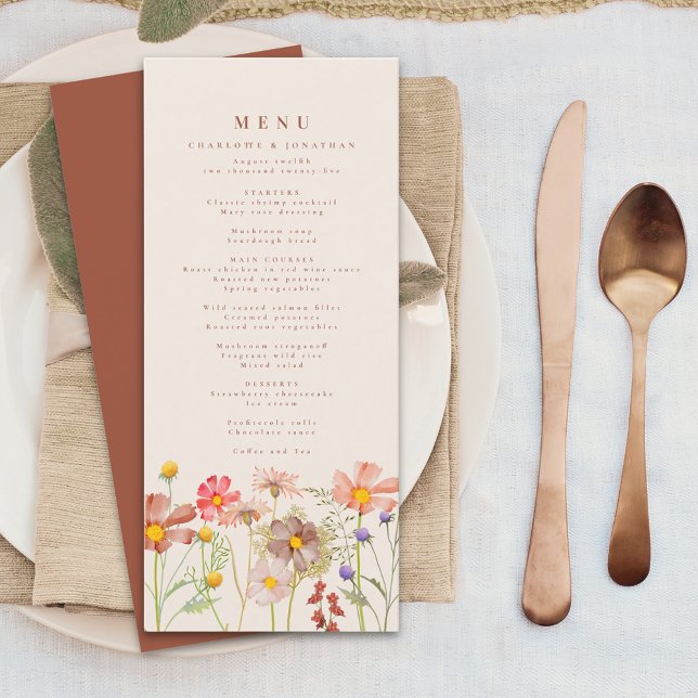 Menú Boho Otoño Flor Silvestre Floral Beige Boda (Boho fall wildflower floral beige and burnt orange wedding menu card Watercolor autumn flowers )