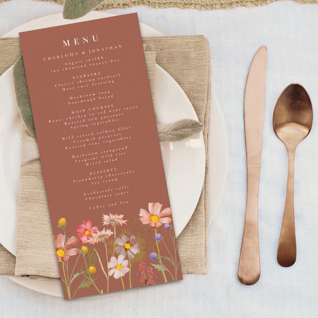 Menú Boho Otoño Flor Silvestre Floral Naranja Quemada B (Boho fall wildflower floral beige and burnt orange wedding menu card Watercolor meadow flowers)