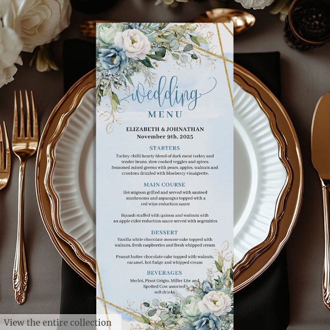 Menú Boho Pastel Blue Peonies Gold Frame para la c (Boho Pastel Blue Peonies Gold Frame Dinner Menu

)