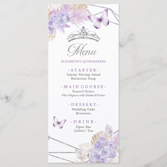 Menú Boho Plata Morado Mariposa Floral Quinceañera (Anverso)