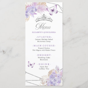 Menú Boho Plata Morado Mariposa Floral Quinceañera