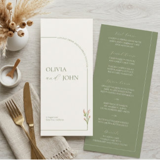 Menú Boho Sage Green & Linen Arches Minimalist Wedding
