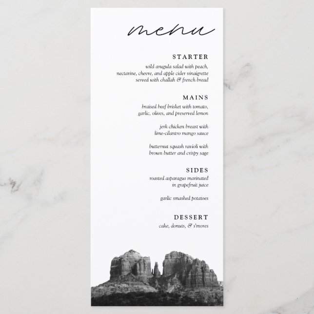 Menú Boho Sedona Arizona Cena Boda blanco y negro (Anverso)