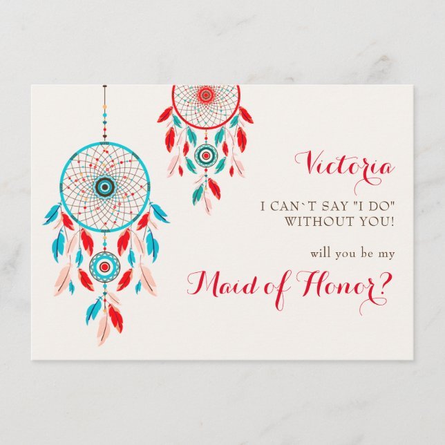 Menú Boho Tribal Feather Dreamcatcher Bridesmaid Cards (Anverso)