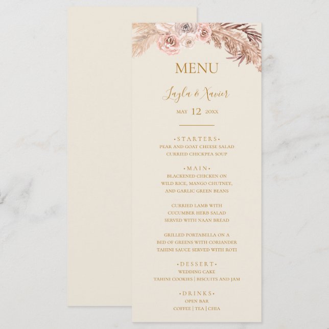 Menú Boho Tropical Botanical | Cena Boda de Marfil (Anverso / Reverso)