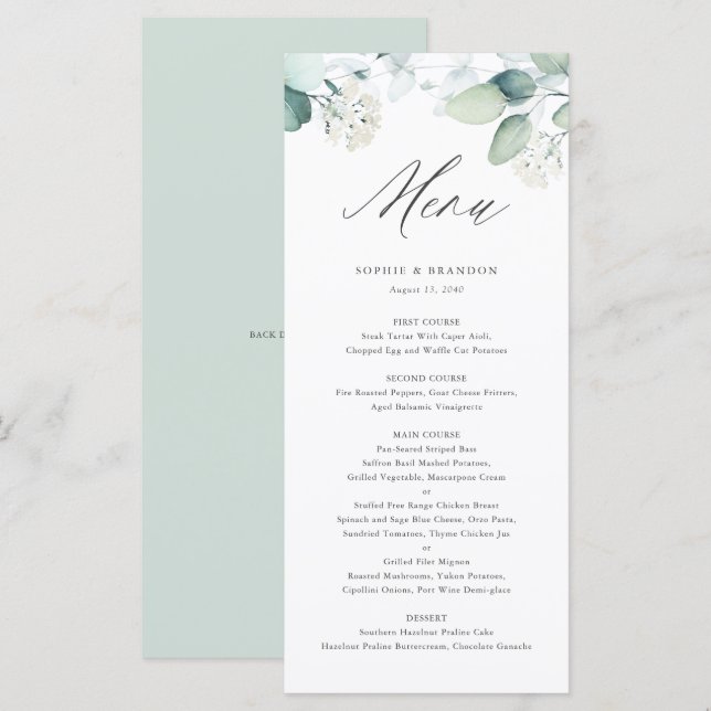 Menú Boho Watercolor Eucalyptus deja Boda de la vegetac (Anverso / Reverso)