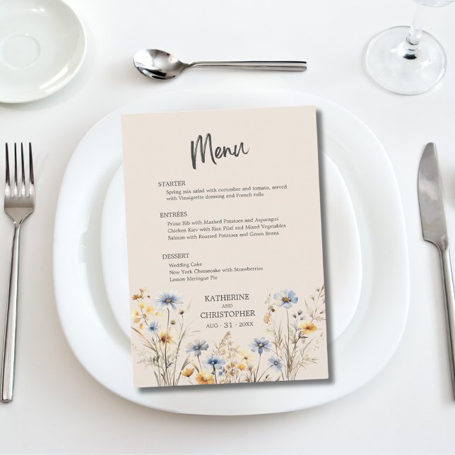 Menú BOHO Watercolor Flor silvestre Elegante Boda Beige (BOHO Wildflowers Elegant Wedding Menu with Menu Options, Blue and Yellow Watercolor Wildflowers.)