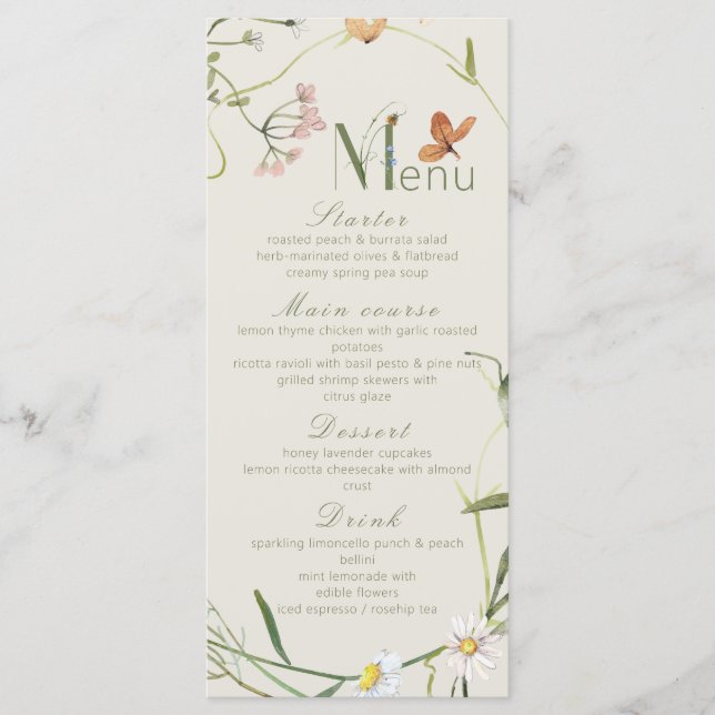 Menú Boho Wildflower Bee Beige Bridal Shower (Anverso)
