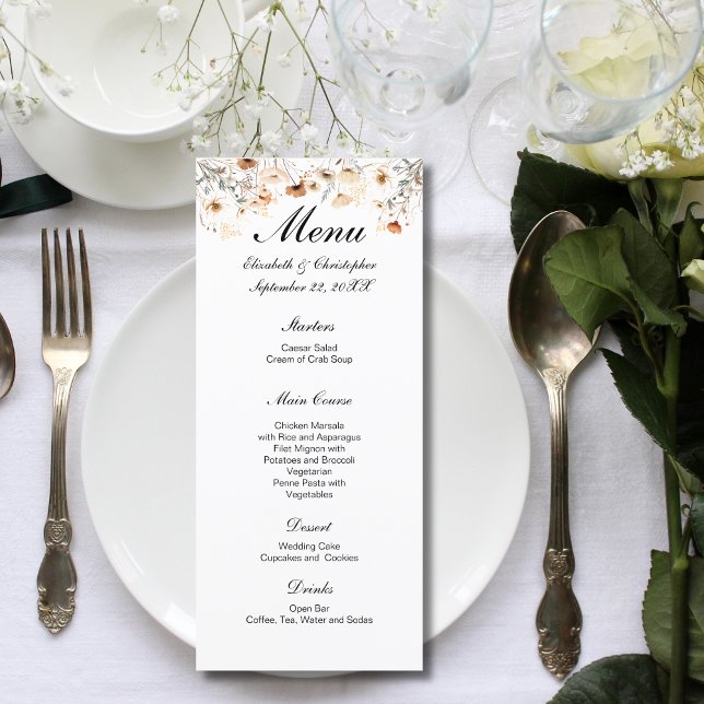 Menú Boho Wildflowers Boda de colores neutros (Boho Wildflowers Cream Beige Yellow Neutral Colors Wedding Menu)
