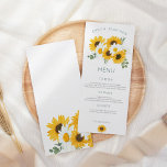 Menú Boho Wildflowers Sunflowers deja a Boda<br><div class="desc">Hermosos girasoles y flores para sus mesas bodas con un hermoso ramo de flores silvestres en la parte superior con sus nombres curvados por encima y un motivo de girasol en el fondo y florales coordinadores en la parte posterior. La tipografía es simplista y elegante y se personaliza fácilmente según...</div>