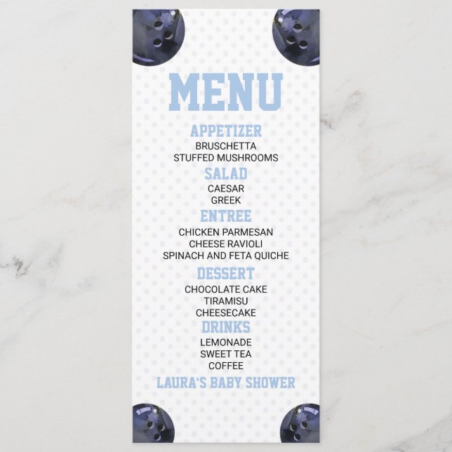 Menú Bolas de boliche Deportes Blue Baby Shower Food (Anverso)