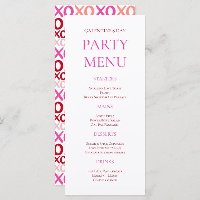 Menú Bold Pink XOXO Girls Night Galentine's Day Party (Anverso / Reverso)