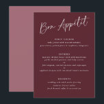 Menú Bon Appétit Merlot Boda de escritura a mano en Bor<br><div class="desc">¡Bon Appétit! Menú Merlot / Borgoña / Boda de vino: Este moderno menú boda incluye textos de escritura a mano en un agradable fondo en el frente con la foto de la pareja y mensaje de agradecimiento en la parte trasera. Es el perfecto menú boda de doble cara para servir...</div>