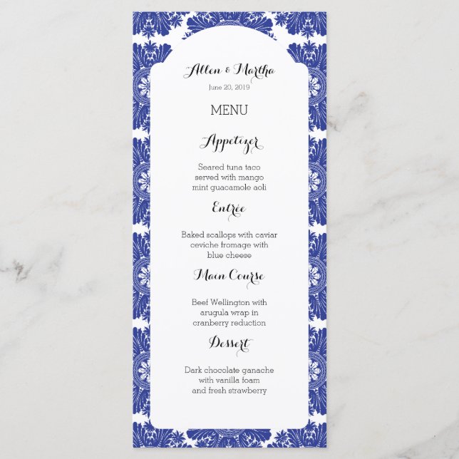 Menú Bonita suite Boda barroca azul y blanca (Anverso)
