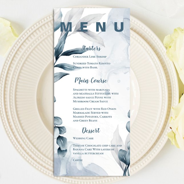 Menú Bonito Dusty Blue Eucalyptus deja fiesta de boda (Pretty Dusty Blue Eucalyptus Leaves Wedding Party Menu)