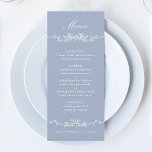 Menú Borde floral azul oscuro clásico francés<br><div class="desc">Elegante y polvoriento menú boda floral azul con escudo floral y monogramas en la parte posterior. Para una personalización más avanzada de este diseño,  haga clic en el BOTÓN HERRAMIENTA DE DISEÑO de arriba.</div>