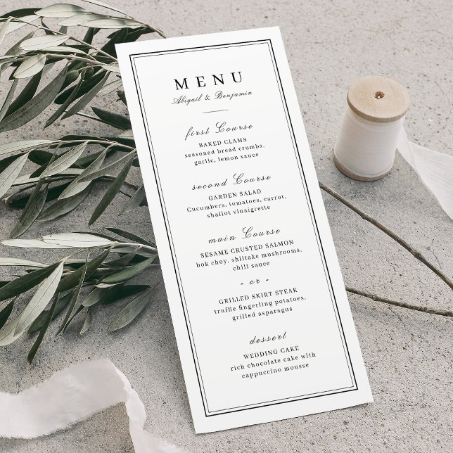 Menú Bordea elegantemente el boda minimalista blanco y  (Elegant borders black & white minimalist wedding menu)