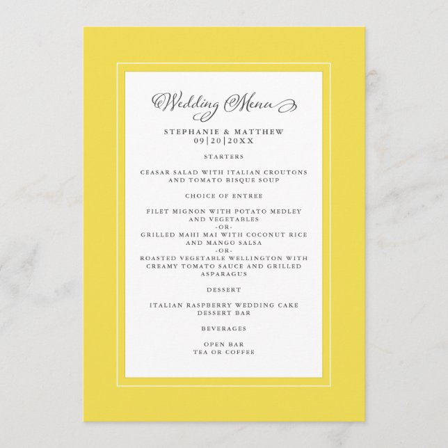 Menú Bordes modernos chic de boda en amarillo iluminado (Anverso)