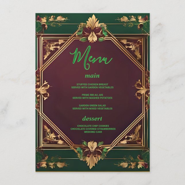 Menú Borgoña geométrica de oro y Boda floral verde (Anverso)