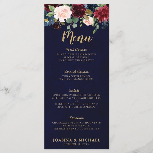 Menú Borgoña Marina Roja Azul acuarela Floral Boho (Anverso)
