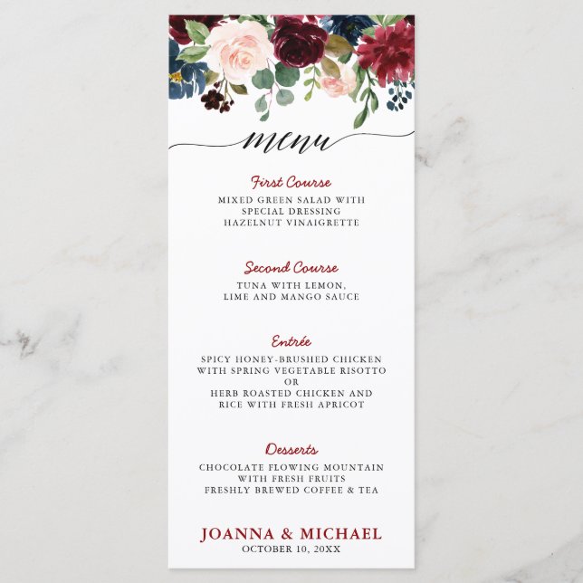 Menú Borgoña Marina Roja Azul acuarela Floral Boho (Anverso)