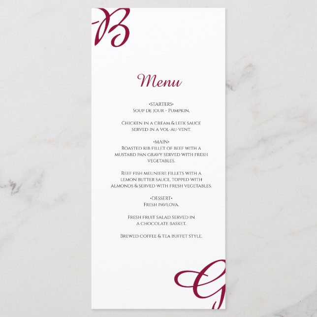 Menú Borgoña Maroon Iniciales Otoño Boda de Otoño (Anverso)