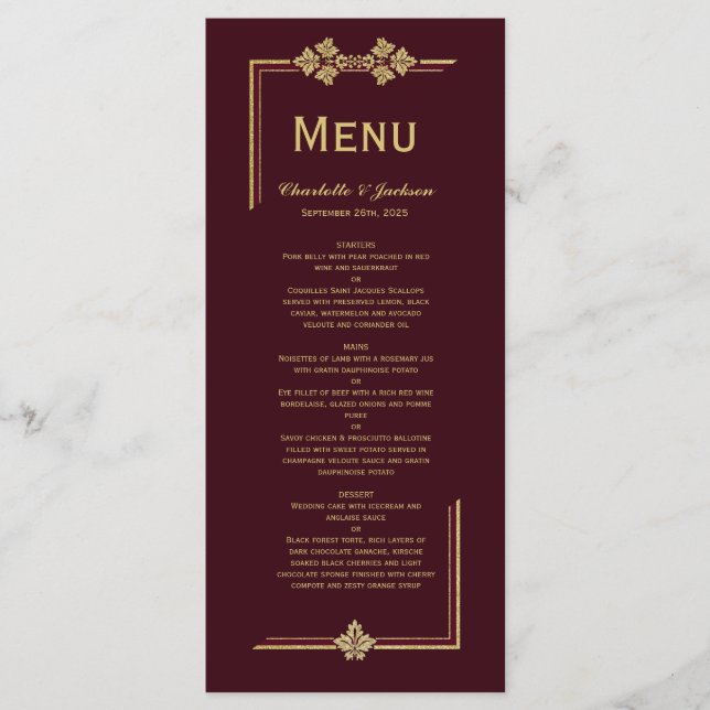 Menú Borgoña moderna y Boda Purpurina de oro (Anverso)