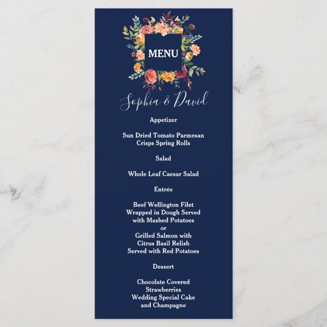 Menú Borgoña Rubor Floral Frame Dark Blue Boda (Anverso)