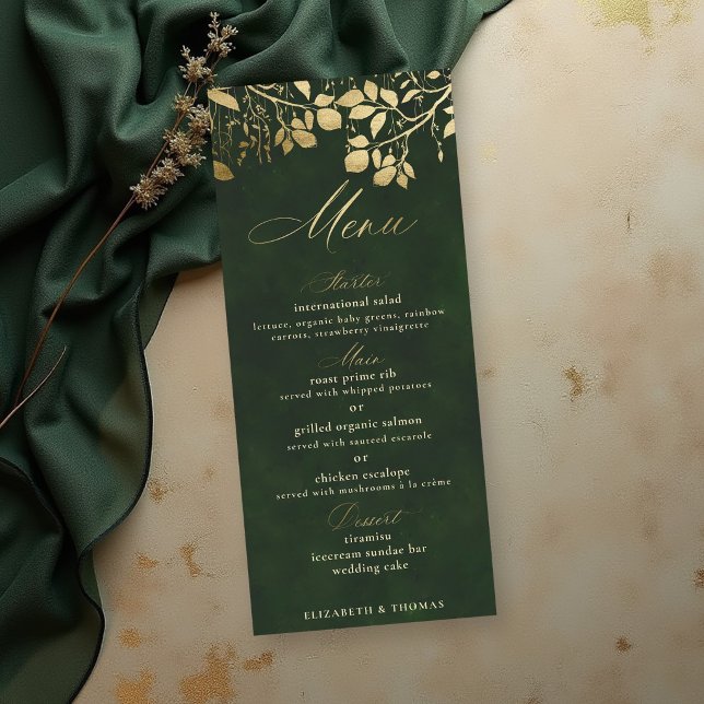 Menú Bosque Encantado Oro Caza Verde Boda (enchanted forest wedding theme menu card gold foliage hunter green gold elegant)