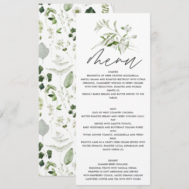 Menú Botánica Personalizada para Bodas Elegante Follaje (Anverso / Reverso)