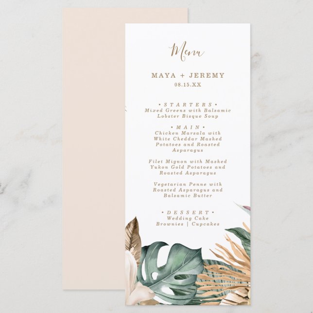 Menú Botánico Floral Tropical Dorado Malva Boda  (Anverso / Reverso)
